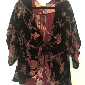 Velvet Kimono with Floral Burnout Detail